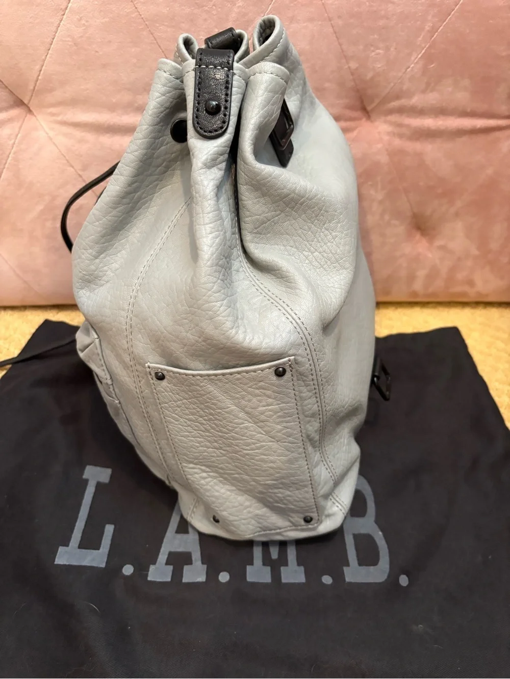 L.A.M.B. Light Gray Leather Drawstring Bucket Bag